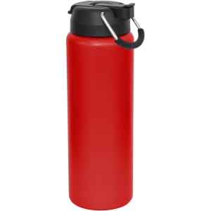 A drink bottle in vibrant red with a black lid and a handle. It features a logo on the side.