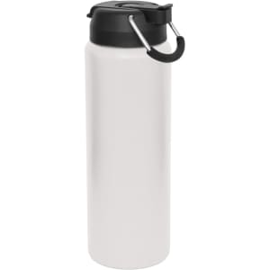 A drink bottle in white with a black lid and handle, featuring a logo on the side.