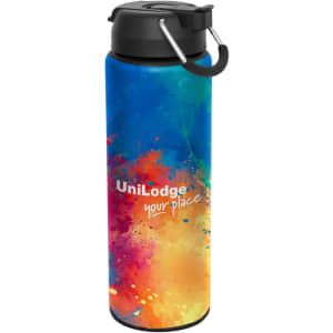 A drink bottle featuring a vibrant blue and multi-coloured design, with a black lid and a handle. It has a logo.