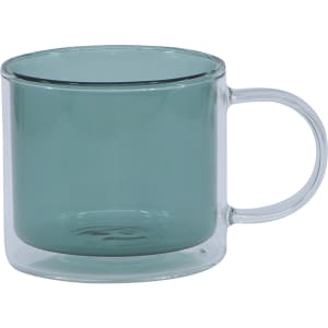 A double wall mug in a translucent green hue with a clear handle, featuring a sleek design and a branding logo.