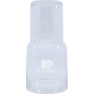 A clear glass carafe with a tumbler section, featuring a logo. Elegant and minimalist design.