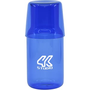 A drink bottle in vibrant blue with a clear cap, featuring a logo on the side.