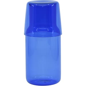 A drink bottle and tumbler set in vibrant blue glass, featuring a sleek design and a matching lid.