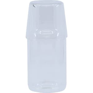 A clear glass carafe with a detachable tumbler on top, featuring a minimalist design. It has a logo.