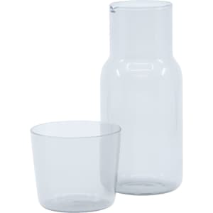 A drink bottle and tumbler set in clear glass, featuring a sleek design with a simple branding logo.