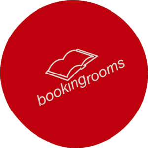 A red circular icon featuring a white book illustration and the text "bookingrooms" underneath.
