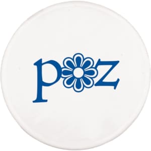 A white frisbee with a blue logo that features the letters "p", "o", "z" and a flower design.