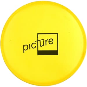 A yellow Frisbee with a circular shape and a logo in the centre.