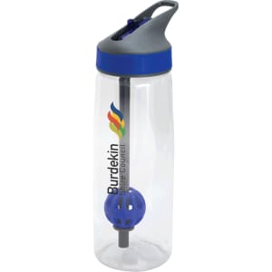 A drink bottle featuring a transparent body, grey lid, and blue accents, including a logo and built-in mixing ball.