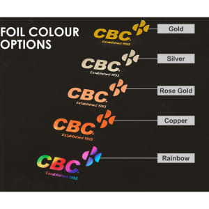 A display of foil colour options including gold, silver, rose gold, copper, and rainbow. Each option features a logo.