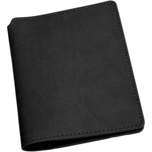 A black passport wallet with a textured surface and stitched edges, featuring a logo on the front.