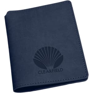 A navy wallet with a textured finish and a logo imprinted on the front.