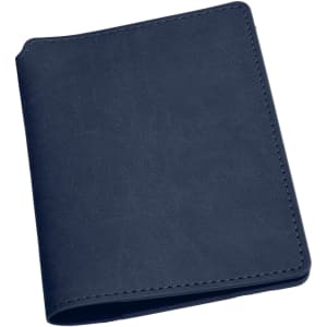 A navy blue passport wallet with a textured surface, featuring stitching and a logo on the front.