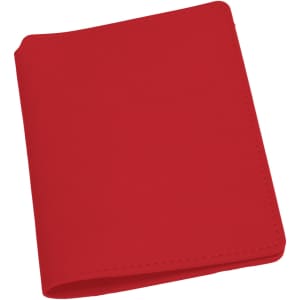 A red passport wallet featuring a smooth finish and a logo on the front.