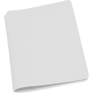 A white passport wallet with a smooth exterior and stitching details, featuring a logo on the front.