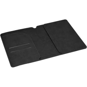 A black passport wallet with multiple card slots and a smooth, textured finish, featuring an interior pocket.
