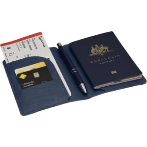 A navy blue passport wallet displaying an Australian passport, tickets, and a pen. It includes a card slot.