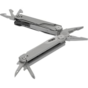 A silver multi-tool featuring pliers, various tools, and a sleek design. It includes branding on the handle.