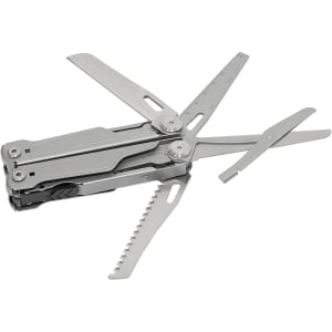 A multi-tool in silver featuring various blades and tools, including scissors, saws, and measuring scales.