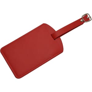 A red luggage tag with a buckle strap, featuring a smooth surface and an attached loop for easy attachment.