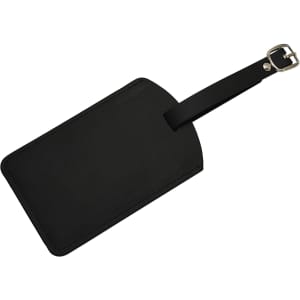A black luggage tag made of leather with a buckle strap for attachment. Features a simple, sleek design.
