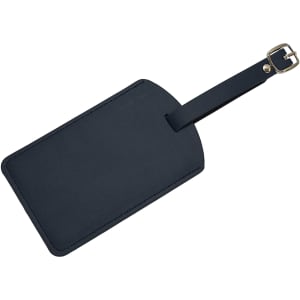A black luggage tag made of leather with a buckle strap and no visible branding.