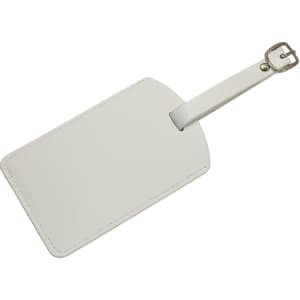 A white luggage tag with a buckle strap, featuring a smooth surface and an attached metal buckle.