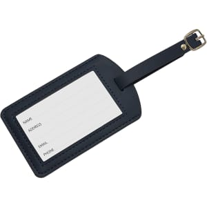 A dark blue luggage tag featuring a removable strap and blank lines for name, address, email, and phone details.