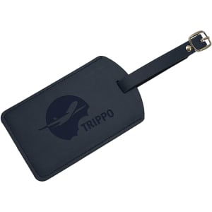 A black luggage tag featuring a logo and a buckle strap for attachment.
