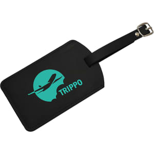 A black luggage tag featuring a turquoise logo of an airplane and the word "TRIPPO." It has a buckle strap.