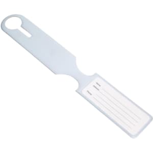 A light blue luggage tag with a slot for information and a circular hole for attachment. It features a logo.