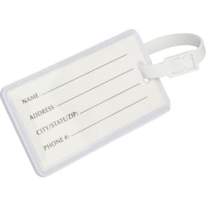 A clear, rectangular luggage tag with spaces for name, address, city/state/zip, and phone number. Features a white strap.