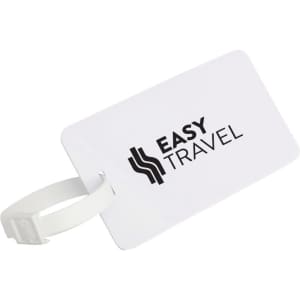 A white luggage tag with a strap, featuring a logo and the text "EASY TRAVEL."