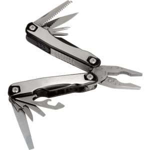 A stainless steel multi-tool featuring pliers, various blades, and multiple attachments, with a sleek black handle.
