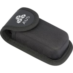 A black nylon pouch with a logo, designed for holding a multi-tool or similar item.