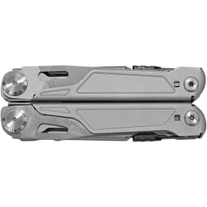 A multi-tool with a sleek grey finish, featuring various tools and a textured grip. It includes a logo on the side.