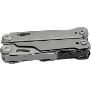 A grey multi-tool featuring various integrated tools, compact and foldable design, with a logo on the side.