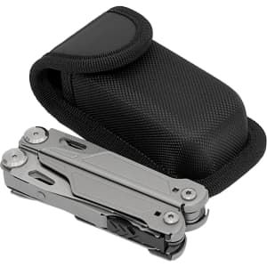 A silver multi tool with a black carrying case, featuring a textured surface and a flap closure.