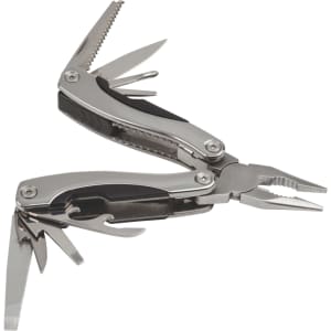 A stainless steel multi tool with pliers, saw, and various other tools, featuring a sleek design and a logo.