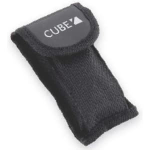 A black tool pouch with a Velcro closure featuring a logo on the front.