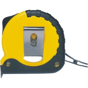 A yellow and black tape measure with a metal clip and a textured grip, featuring a logo on the casing.