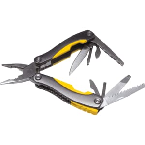 A multi-tool with pliers and various tools, featuring a grey and yellow design. It includes knives and a saw.