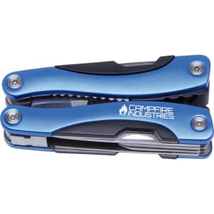 A blue multi-tool with various tools integrated, featuring a logo on one side.