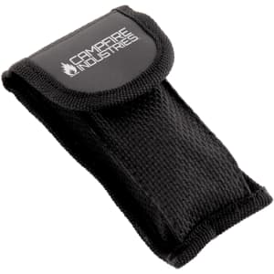 A black fabric pouch with a secure flap, featuring a logo. Designed for holding a multi-tool or similar item.
