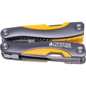 A multi-tool in grey and yellow with a logo, featuring various tools and a compact design.
