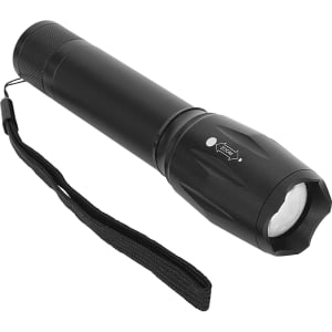 A black torch with a cylindrical body and a strap attached to it. It includes a branding logo.