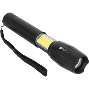 A black torch with a cylindrical body, featuring a bright yellow LED panel and a wrist strap.