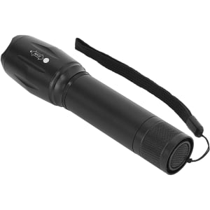 A black flashlight with a textured grip and a strap for carrying. It features a cylindrical design.