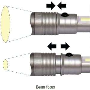 A gunmetal torch with adjustable beam focus and a textured grip, featuring a logo on the body.