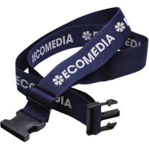 A blue luggage strap featuring a logo, designed for securing bags. It has a buckle closure for convenience.